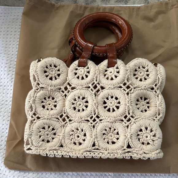 Patricia Nash Cream Crochet and Brown Leather Accent Women's Shoulder Bag - Picture 2 of 3